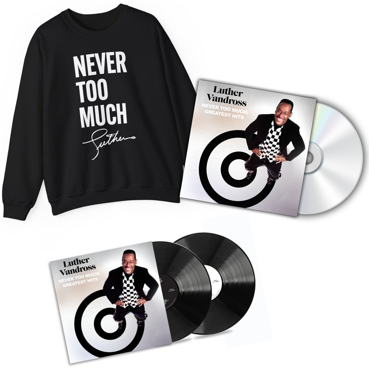 "Never Too Much" Black Unisex Crewneck Sweatshirt + CD + 2 LP set